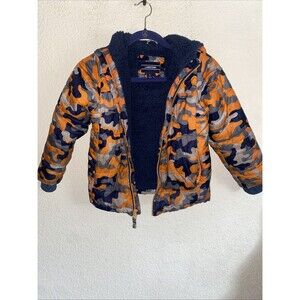 Lands End Jacket Boys Large 7 Full Zip Puffer Camo Orange Thumb Hole Stain Zip